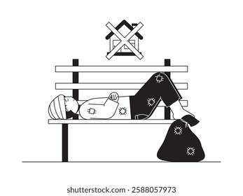 People who do not have a home become homeless sleeping in random places, black and white outline style, social issues vector illustration.