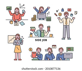 People Who Do Side Hustles. Cute Characters Earn Money As A Side Job. Outline Simple Vector Illustration.