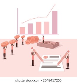 pessoas que estão fazendo desenvolvimento de negócios. ilustração mostrando como os negócios funcionam. pessoas carregando moedas. sucesso nos negócios