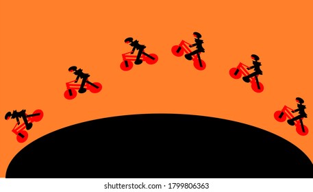 
people who are doing cycling activities make jumping movements at dusk in the hills