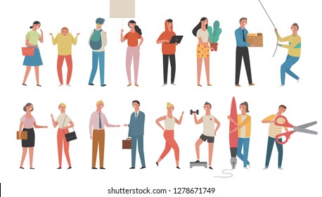 People who are doing various actions Character set. hand drawing style basic set illustration. flat design vector graphic style.