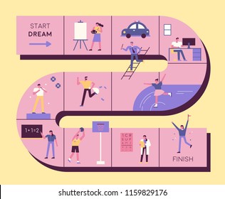 People Who Dream Of Various Jobs Expressed By Board Game Concept. Flat Design Style Vector Graphic Illustration Set