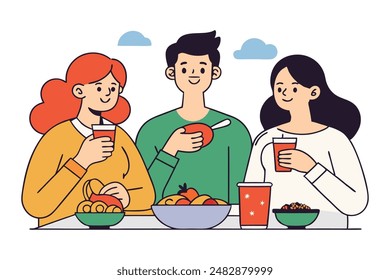 
People who eat food, colorful continuous line art vector illustration