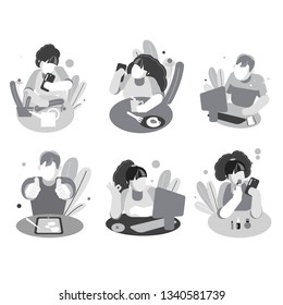 People who are engaged in business, but look at their mobile phones. People and gadgets. flat style vector design illustration. Black and white picture