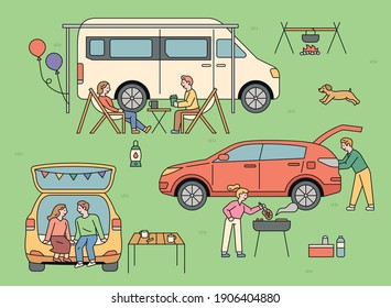 People who enjoy auto camping. Outdoors, people are camping in vans and cars. 