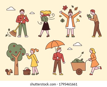 People who enjoy autumn. flat design style minimal vector illustration.