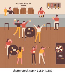 People who enjoy beer in pubs and drink beer. flat design style vector graphic illustration set