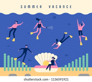 People who enjoy diving in the seaside with summer vacation activities. summer vacation  flat design style vector graphic illustration set