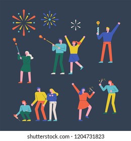 People who enjoy fireworks character set. flat design style vector graphic illustration.