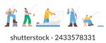 People who enjoy the leisure hobby of fishing. People catching fish with fishing rods and nets. flat vector illustration.