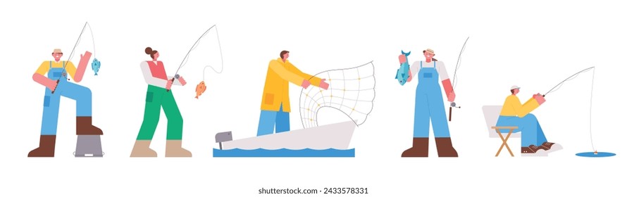 People who enjoy the leisure hobby of fishing. People catching fish with fishing rods and nets. flat vector illustration.