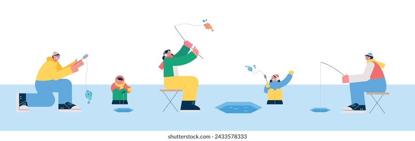 People who enjoy the leisure hobby of fishing. Smelt fishing on the ice in the cold winter. flat vector illustration.