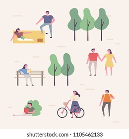 People who enjoy leisure time in the park. flat design style vector graphic illustration set