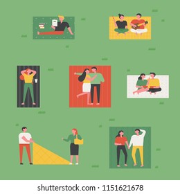 People who enjoy the relaxation of the mat in the park. flat design style vector graphic illustration set