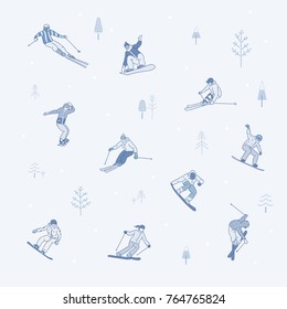 People who enjoy skiing and snowboarding in winter sports. hand drawn illustrations. vector doodle design 