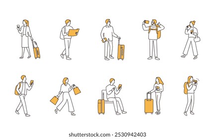 People who enjoy traveling. suitcases, backpacks. Taking photos, shopping, and eating tour. Vector illustration set.