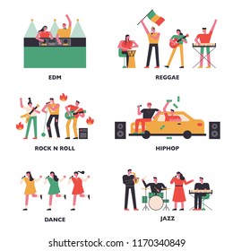 People who enjoy various genres of music. flat design style vector graphic illustration set