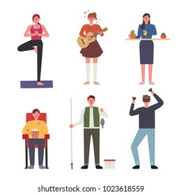 People who enjoy various hobbies. hand drawing style vector illustration flat design