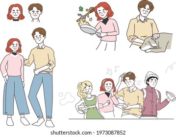 People who enjoy various hobbies. Men, women, lovers, and friends enjoy many activities. Simple, flat and lined image