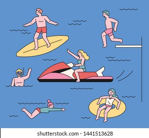 People who enjoy various leisure activities on the beach. flat design style minimal vector illustration.