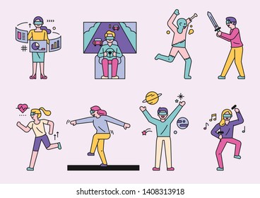 People who enjoy various pleasures wearing VR glasses. flat design style minimal vector illustration