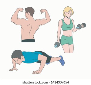 People who exercise. Muscle pose. hand drawn style vector design illustrations. 