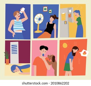 People who are exhausted from the heat are cooling off in their own way. flat design style minimal vector illustration.