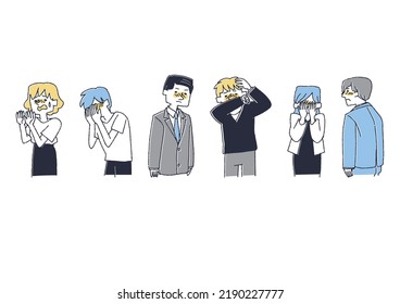 People who feel shame and lack of confidence, comical hand-drawn characters, vectors, warm line drawings