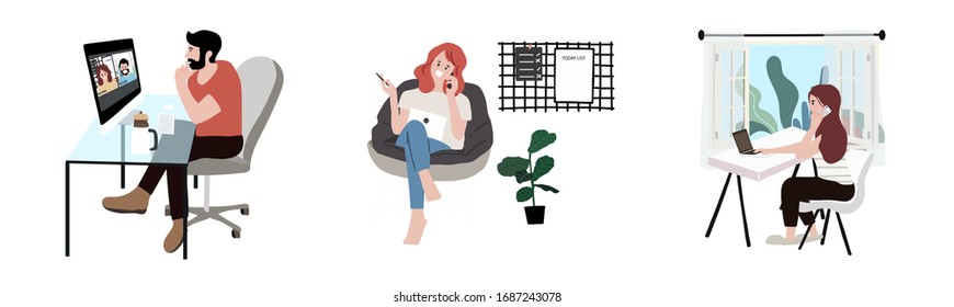 people who freelancers is working on laptop and computer at home.Woman and man at home in quarantine