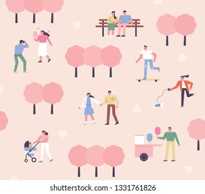 People who go out on a date in spring park. flat design style minimal vector illustration