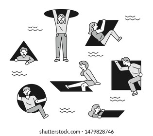 People who go through holes of various shapes. flat design style minimal vector illustration.