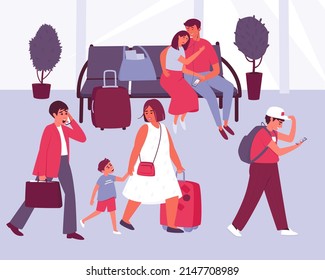 People who are going on vacation, on a trip, on a trip move in the waiting room or airport terminal. A couple sits, hugging, with luggage, waiting for their flight. Flat vector illustration.