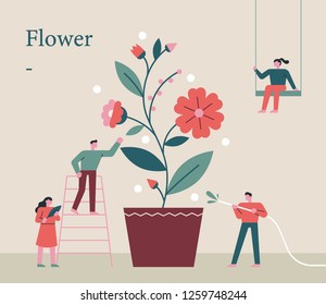 People who grow flower pots together. concept illustration. flat design vector graphic style.