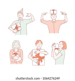 People who are happy to receive gifts. hand drawn style vector doodle design illustrations. People who are happy to receive gifts. hand drawn style vector doodle design illustrations.