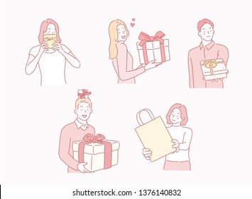 People who are happy to receive gifts. Hand drawn style vector design illustrations.