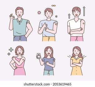 People who have been vaccinated against the epidemic are making a positive gesture. flat design style vector illustration.