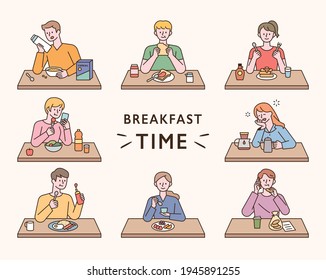 People who have breakfast with a variety of menus. flat design style minimal vector illustration.