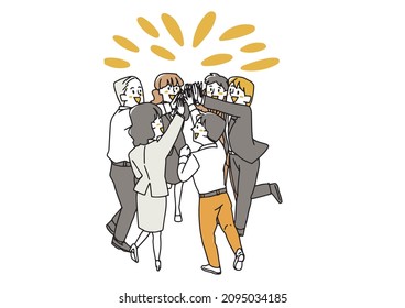 People who have succeeded in collaborative work and are happy with high fives. Formal style, loose line art illustrations.