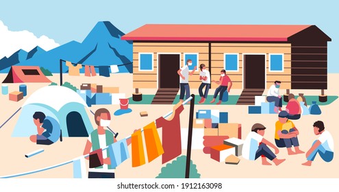 People who have survived natural disasters live in shelters and carry out various activities there. used for info graphic image and other