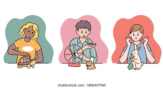 People who have turtles, hamsters and rabbits as pets. hand drawn style vector design illustrations. 