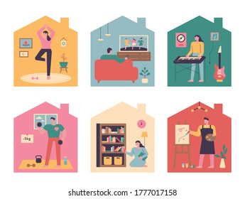 People who have various hobbies in their homes. flat design style minimal vector illustration.