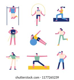 People who have various luck in the gym. Fitness character. flat design style vector graphic illustration