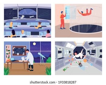 People who are involved in space program flat color vector illustration set. Planetary science. Astronomers, astronauts 2D cartoon characters