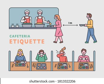 People who keep distance etiquette in cafeteria. flat design style minimal vector illustration.