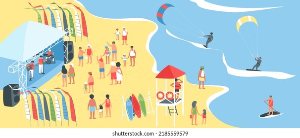 Personas que son kitesurfistas. Un socorrista en una torre cerca del mar vigila a los surfistas flotando en el agua. La gente descansa a orillas del mar. Ilustración vectorial plana