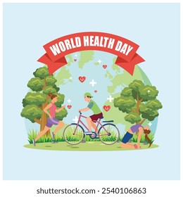 Personas que llevan un estilo de vida saludable. Haga yoga, trote y ciclismo. Concepto del Día Mundial de la Salud. Ilustración vectorial plana.