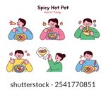 People who like spicy food are enjoying Sichuan pepper soup. The various facial expressions of people eating spicy food.