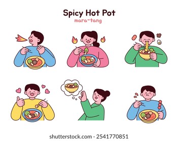 As pessoas que gostam de comida picante estão desfrutando de sopa de pimenta Sichuan. As várias expressões faciais de pessoas comendo comida picante.