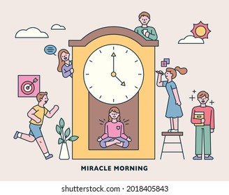 Gente que vive un día planificado a tiempo. La gente se reúne alrededor de un enorme reloj. ilustración simple del vector de esquema.