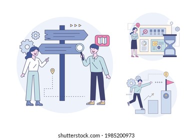 People who look at roadside signs to find business directions and analyze them to grow towards their goals. Outline flat design style minimal vector illustration set.